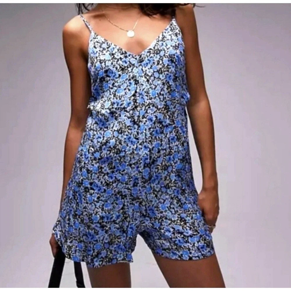 Topshop Blue Grunge Floral Shorts Romper Sleeveless V Neck Tie Back New Womens 6